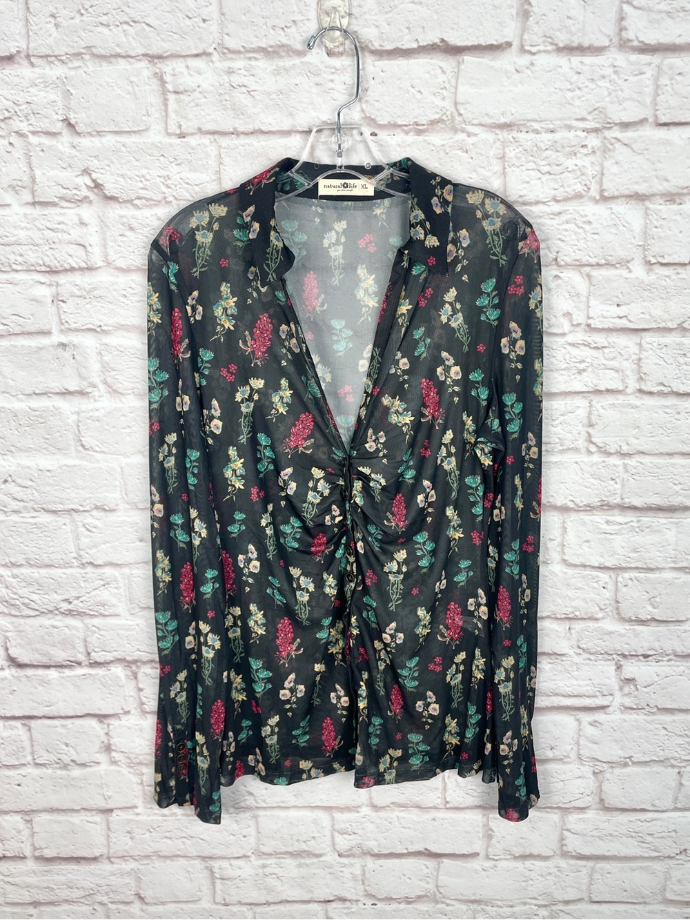 Natural Life Carina Floral Fitted Mesh Long Sleeve Top Size XL